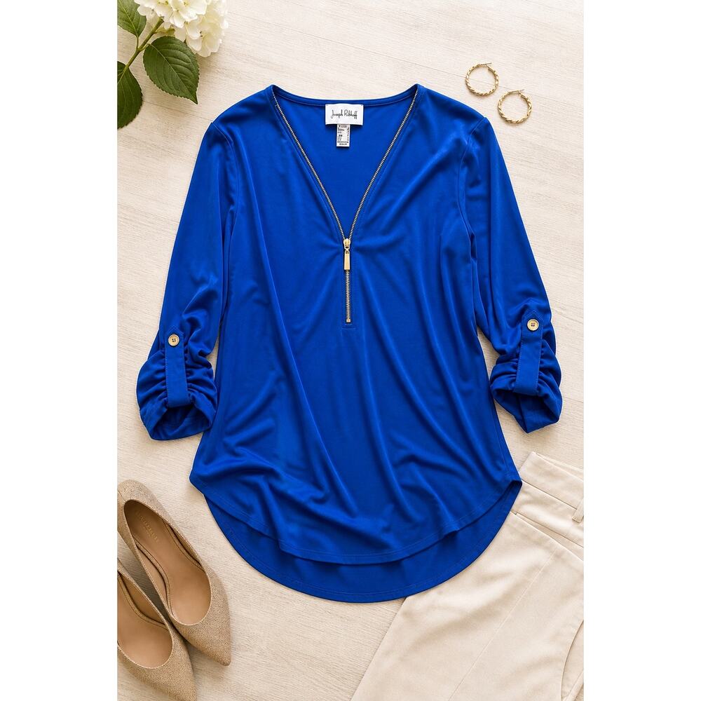 Joseph Ribkoff Cobalt Blue Zip Blouse Sz 8 | Work Office Chic Top Gold Detail